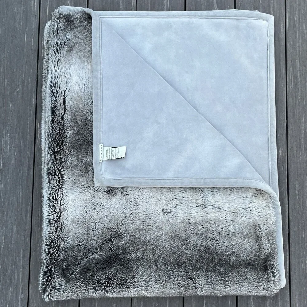 RARE POTTERY BARN Blanket Throw Gray Brown Ombre Faux Fur Reversible Thick 50x60